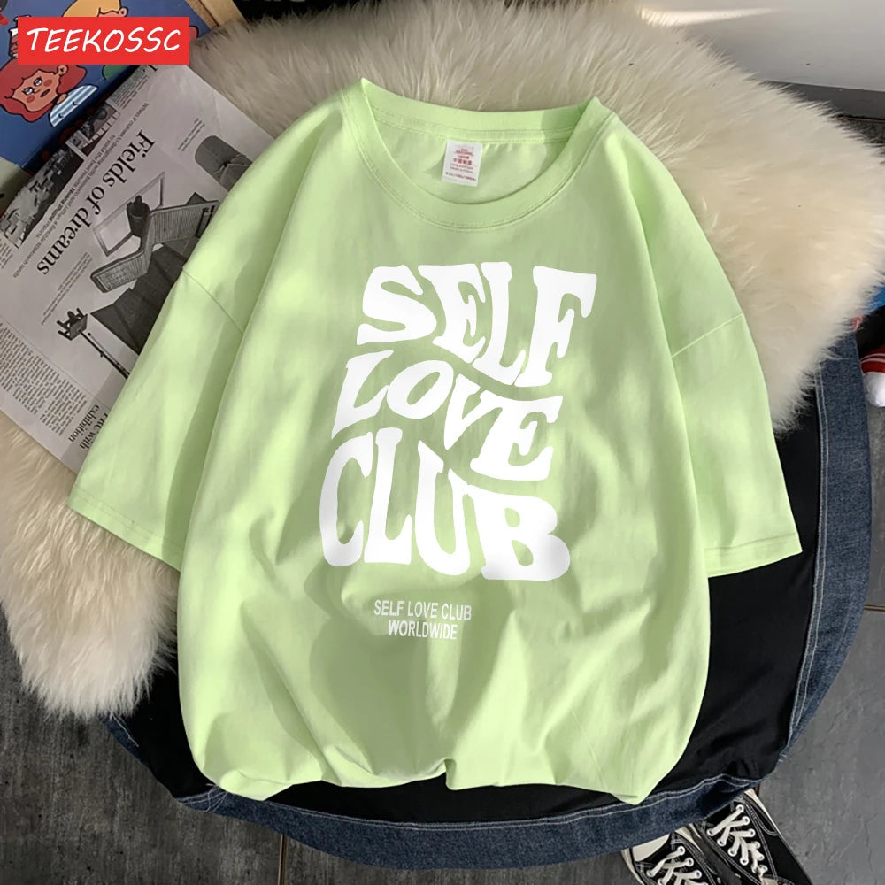 Self Love Club Worldwide Printed Tee Clothing Boy Versatile Funny Tees Aesthetic Pattern T-Shirt Oversized Design Clothing