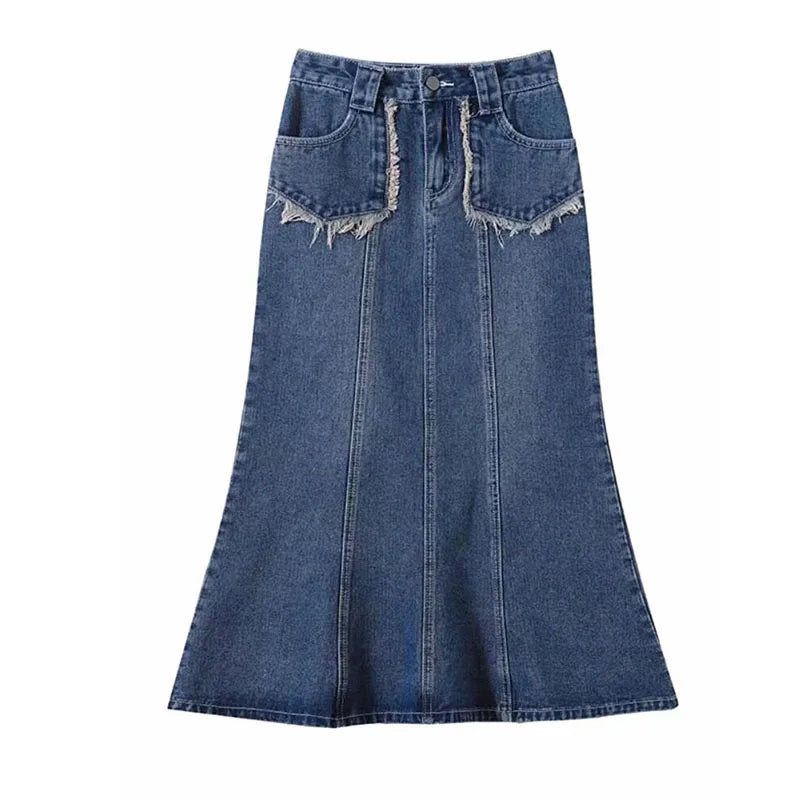 Women's Tassel Denim Long Skirts, Vintage Pocket, A-line Jeans Skirt, High Waist, Women's Fashion, Spring, S-5XL