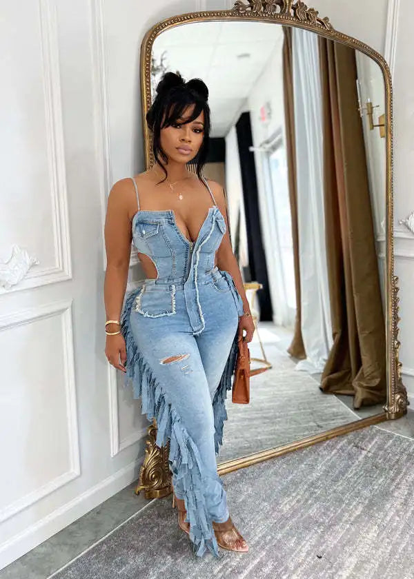 FAGADOER Fashion Hollow-out Bodycon Denim Jumpsuit Women Spaghetti Strap Tassel Patchwork Rompers Female Streetwear Overalls New