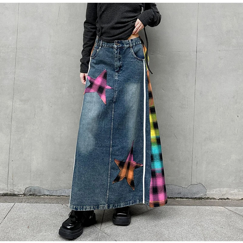 High Fashion Denim Skirt Women Elastic High Waist A-Line Long Skirt Female Colorful Patchwork Plaid Jean Skirt