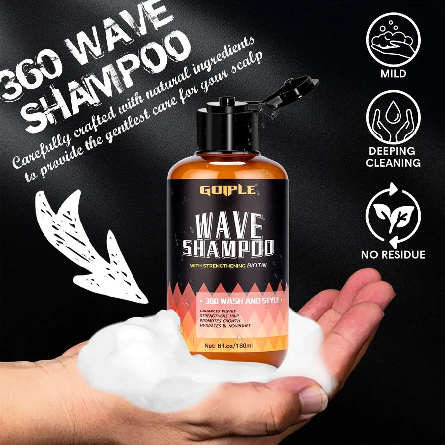 GOIPLE 180ml Wave Shampoo Deep Clean or 113g 360 Style High Shine Hair Pomade Strong Hold Layered Control Wavy Wax Cream for Men