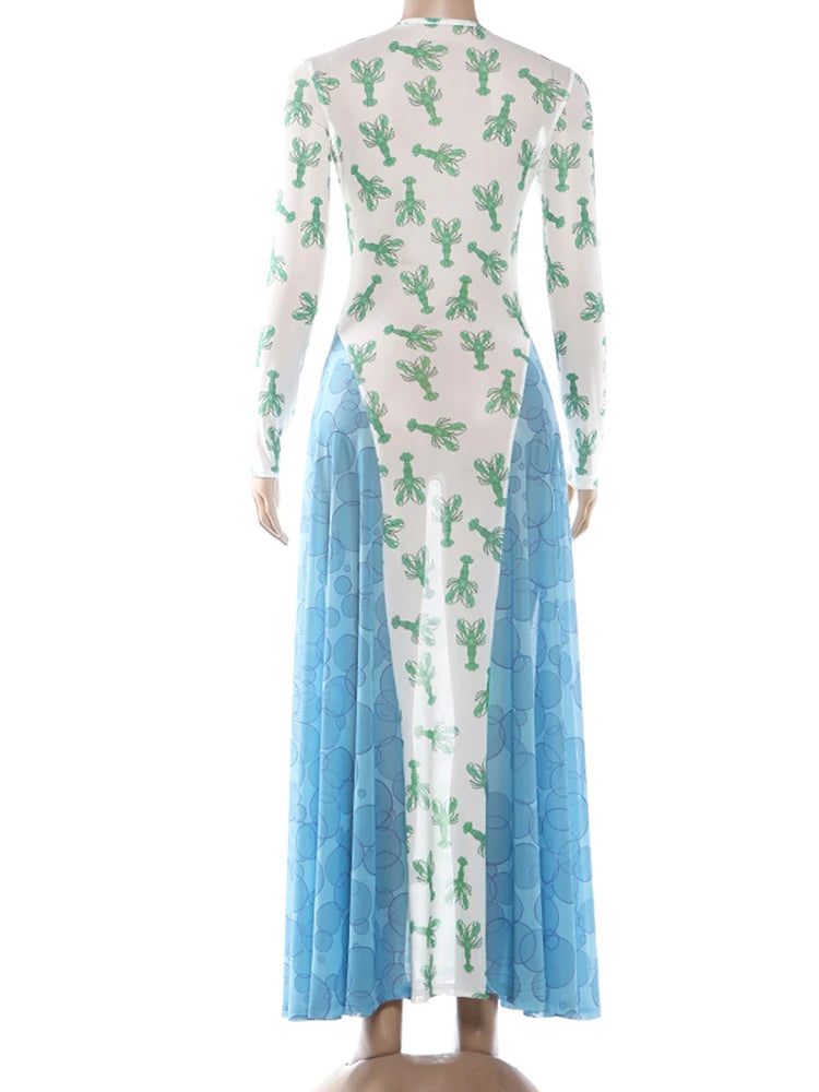 Sisterlinda Contrast Design Dress Women Crayfish Print o-Neck Full Sleeve Sexy See Through Hem Fall Ruched Elegant Long Bodycon