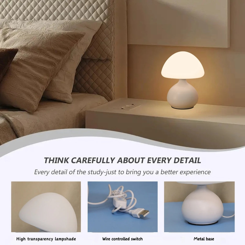 USB Powered Mushroom Table Lamp, Ambient Light, Bedroom Modern Simple and Atmospheric Table Lamp, Small Night Light, Decorative