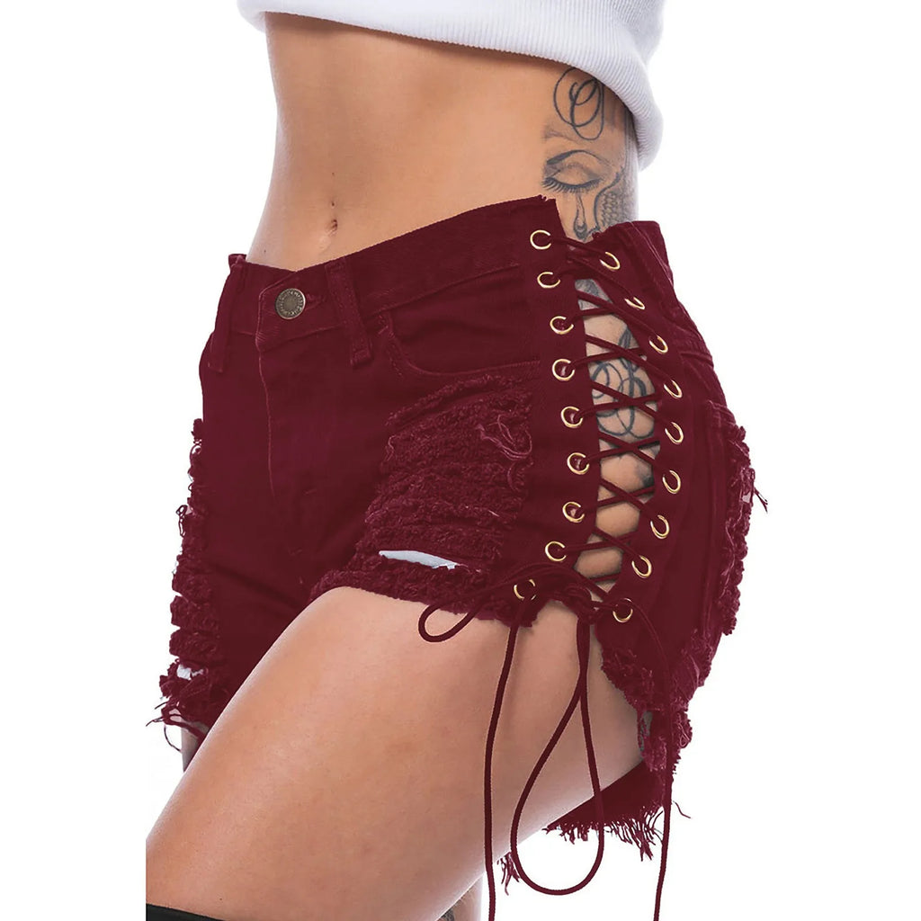 Sexy Women's Jeans Fashion Casual Side Lace-Up Denim Shorts Sexy Hot Denim Short pants Club dance Ripped short jeans