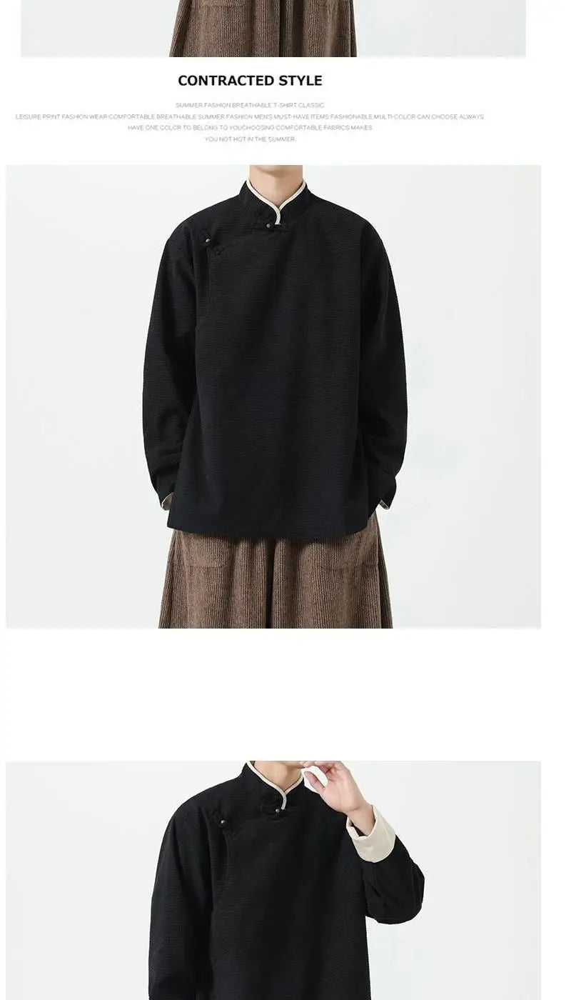 Autumn Winter Chinese Style Blouse Long-sleeved Jacket Men's Chinese Tang Suit Hanfu Lay Buddhist Zen Suit Tea Suit Slanted Top