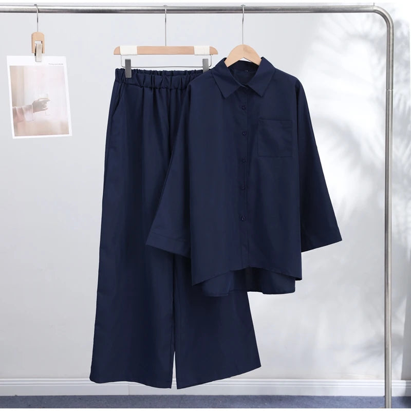 Loose Striped Contrast Wide Leg Pants Set Women Oversized Lapel Single Breasted Shirt Trousers 2026 Summer Lady Casual Outfits