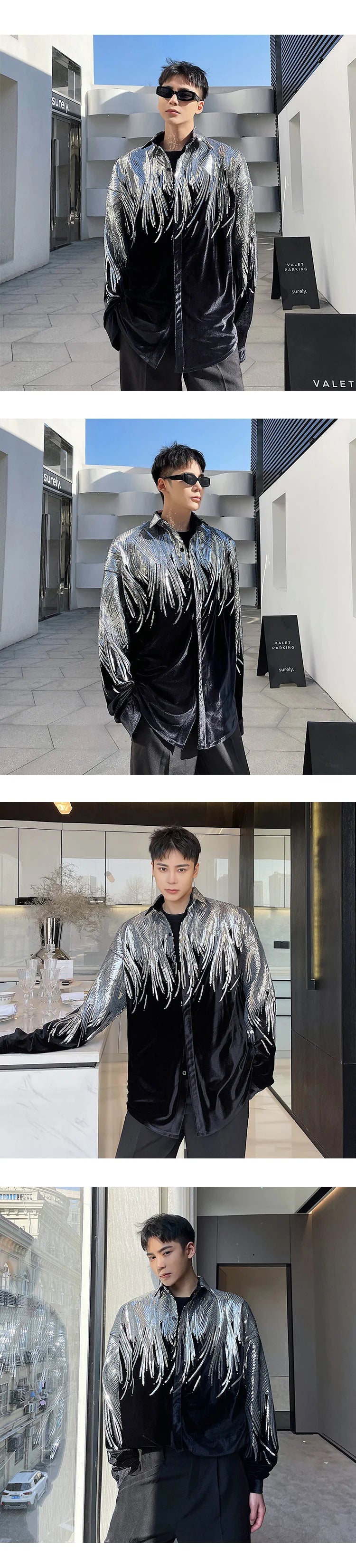 IEFB Summer Embroidery Sequin Velvet Fashionable Temperament Men's Long Sleeve Shirts Lapel Personal Design Oversize Tops 9Y6658