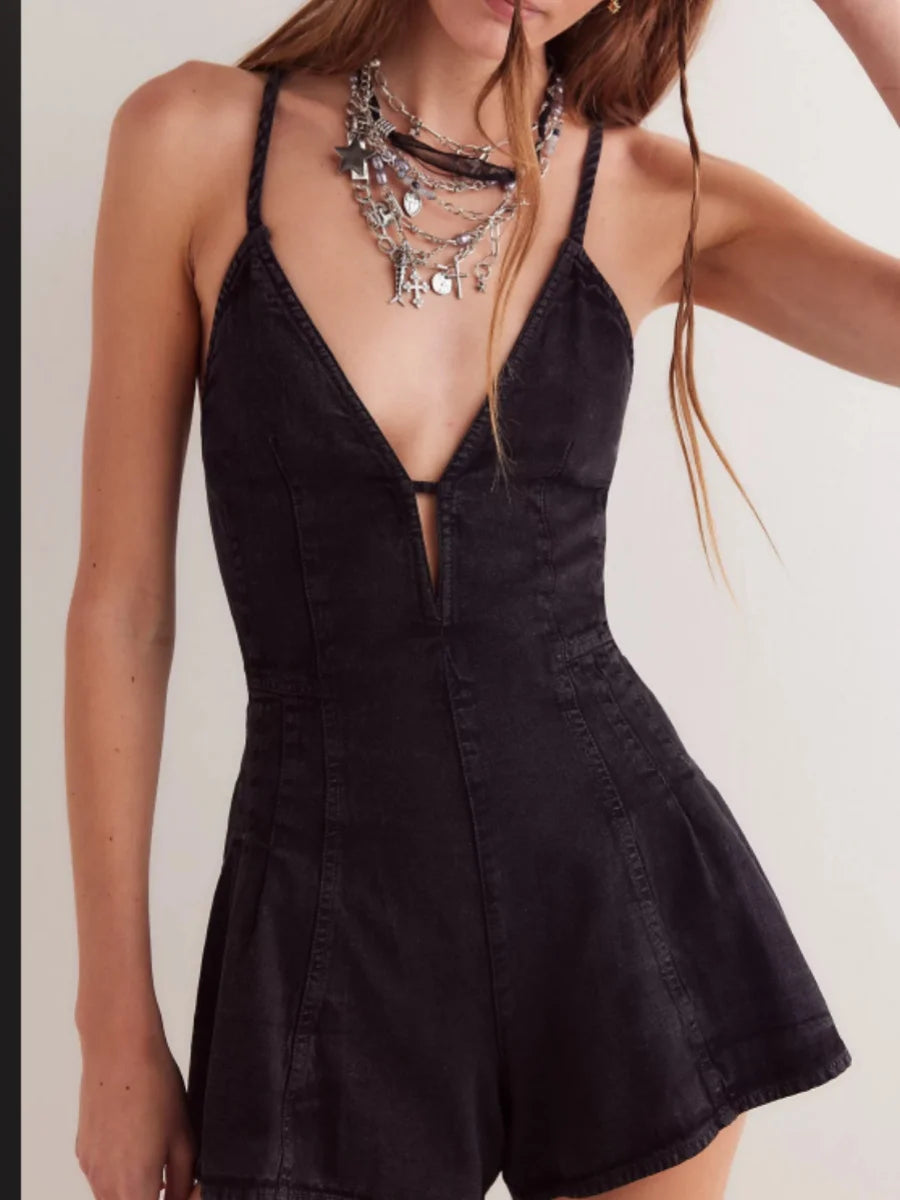 Women Spaghetti Strap Denim Romper Sleeveless V Neck Backless Tie-Up Jean Short Jumpsuits Y2k Ruffle Jean Overalls