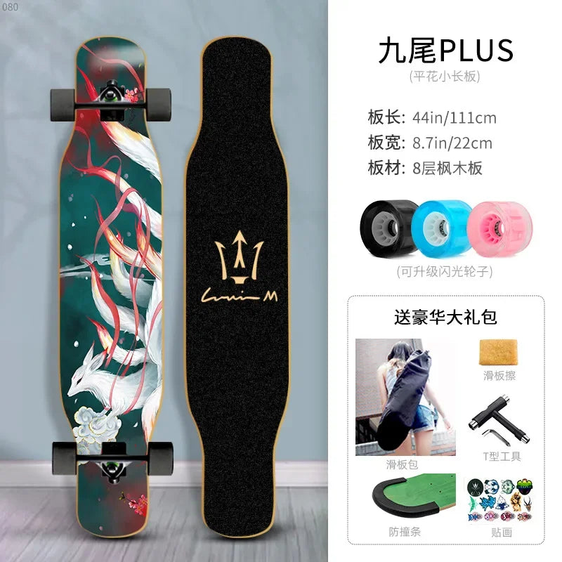 Longboard Beginner Boys and Girls Adult Professional Double Dancing Board 44in Teen Maple Quad