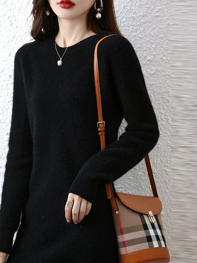 Knit Dresses for Women's Fashion Sweater 100% Merino Wool Winter Ladies O-Neck Warm Knitted Dress Fall Female Casual Black Skirt