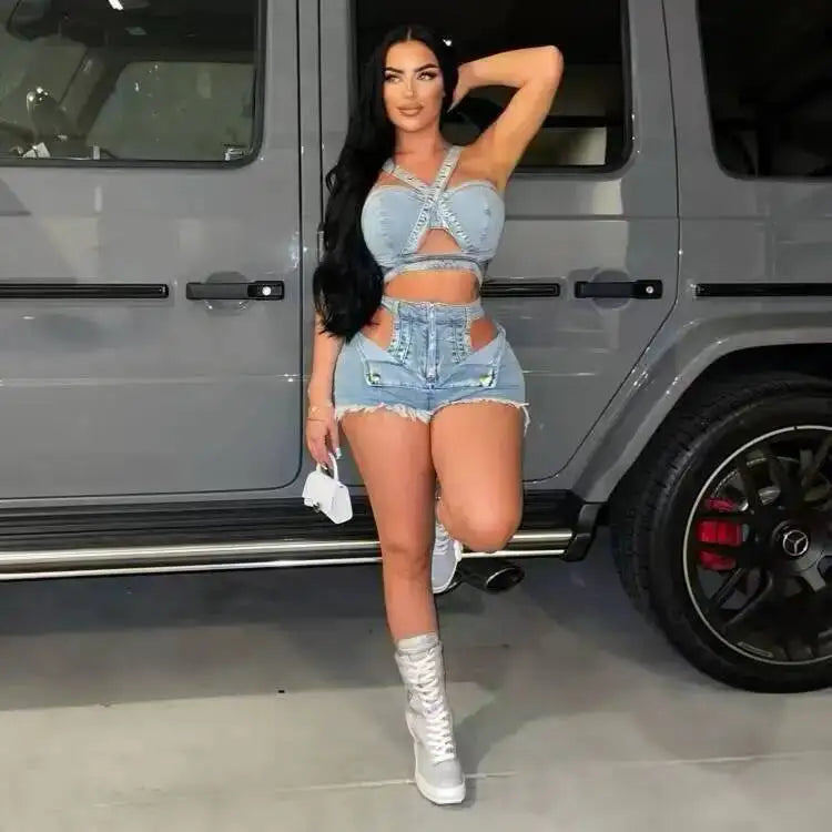 Fashion Denim Cutout Women's Set Wrap Strap Crop Top And Shorts Jeans  Summer Two 2 Piece Sets Outfits Tracksuit
