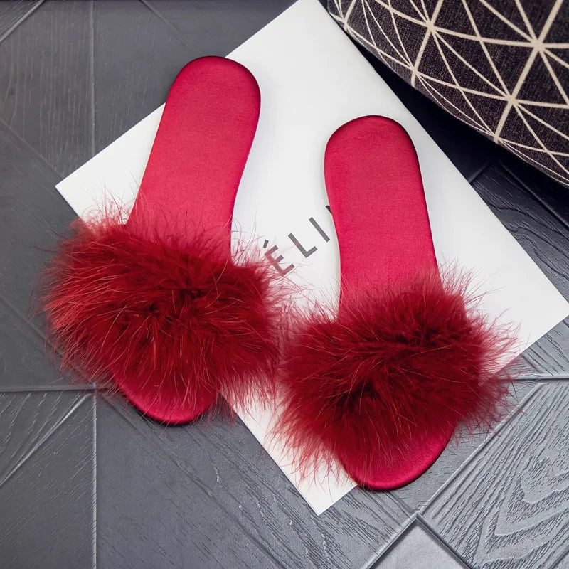 Maogu Spring and Summer New Wedding Bridal Ladies Slippers Female Satin Red Slipper Shoes Flat Slides Comfortable Home House Red