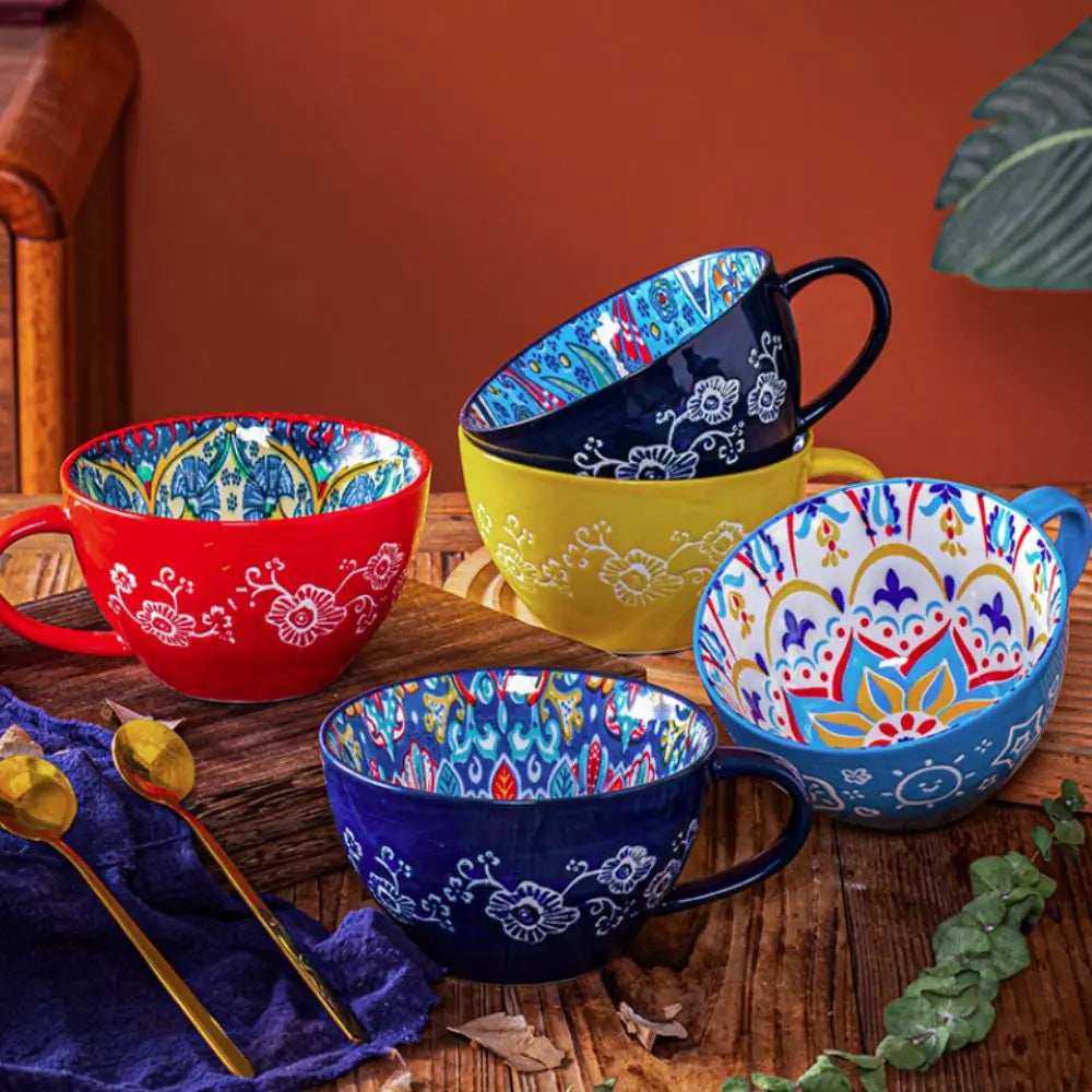 Creative Ceramic Bohemian Breakfast Cup Retro Flower Pattern Coffee Mug Microwaveable Large Capacity Milk Cup Friend Gift