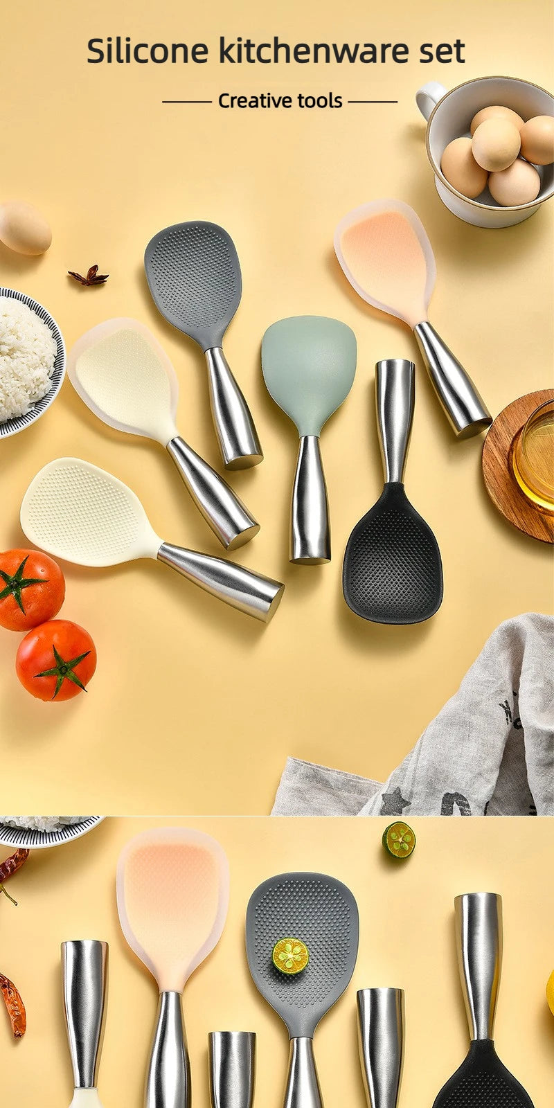 1Pcs Silicone Spoon Non-stick Cooking Spoon Anti-scalding Pot Rice High-temperature-resistant Spoon Durable Kitchen Gadgets