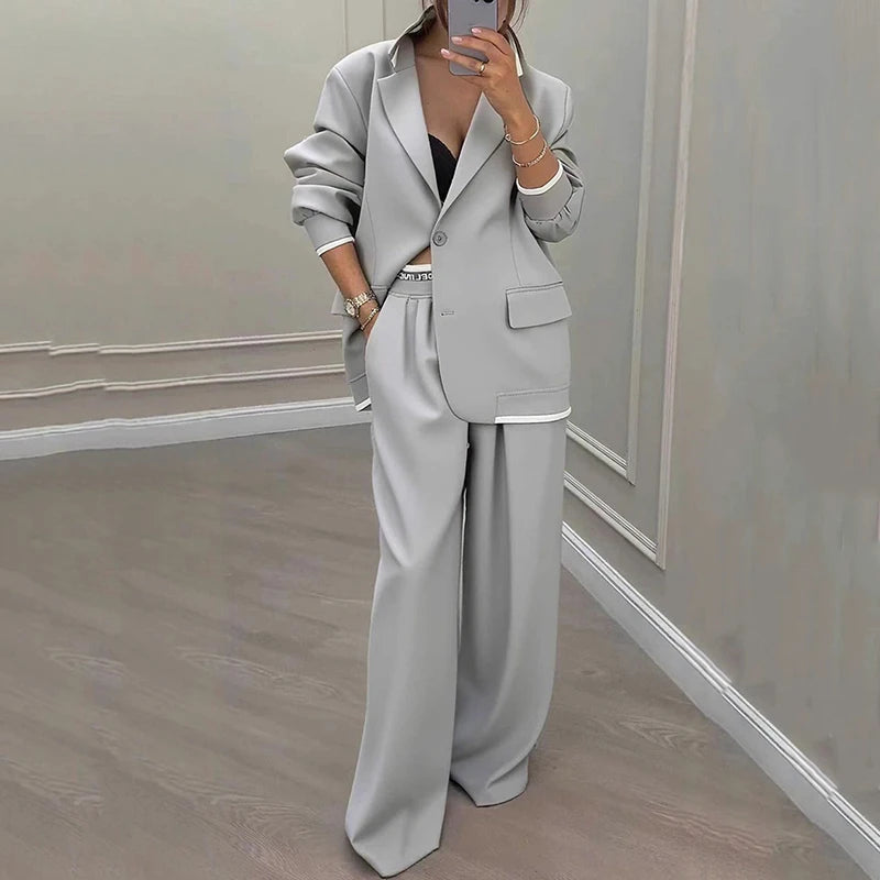 Casual Women's Suit Set Autumn Sexy Turn down Collar Button Blazer & Straight-leg Pants Set Winter Solid Long Sleeve Chic Outfit