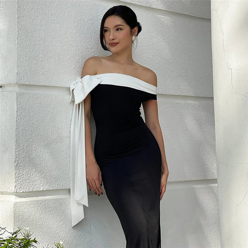 Tuularose Summer Bandage Long Dress Women's Elegant One Shoulder Bow Tie Slim Evening Dress Sexy Patchwork Party Dress Y2k 2025