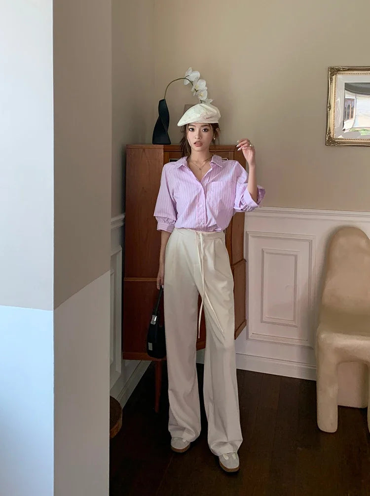 Elastic Waist Drawstring Loose Slim Casual Versatile Trousers 2026 Autumn New High Waist Women Wide Leg Suit Pants