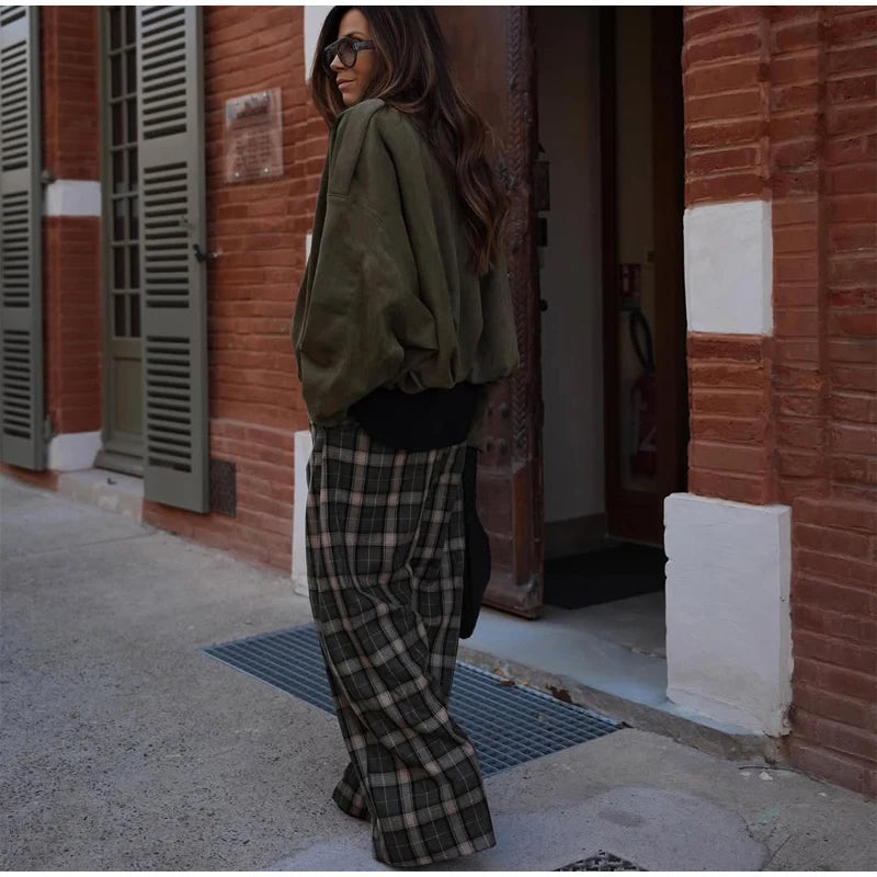 Chic Green Plaid Print Loose Pants Women Casual High Waist Straight Wide Leg Trousers Party Daily Classic Attire 2026 Spring