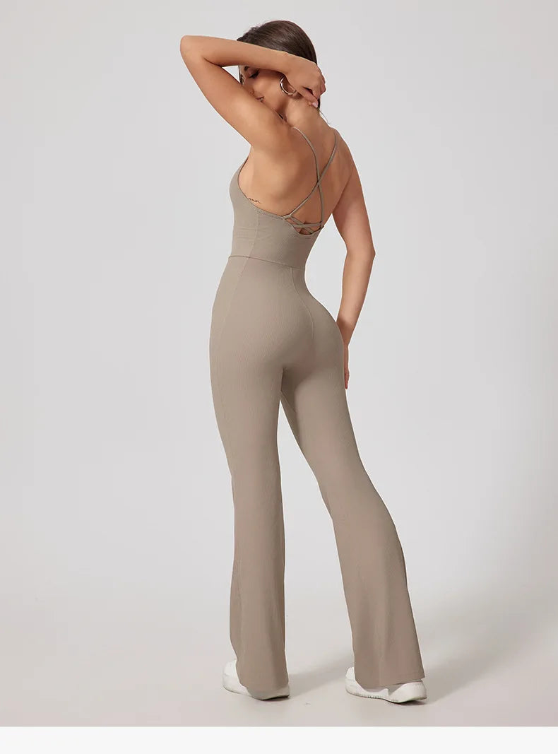 Women Thread Yoga Jumpsuit Sleeveless Gym Tracksuits Flared Overalls Workout Bodysuits Sportswear Female Sports One-Piece Outfit
