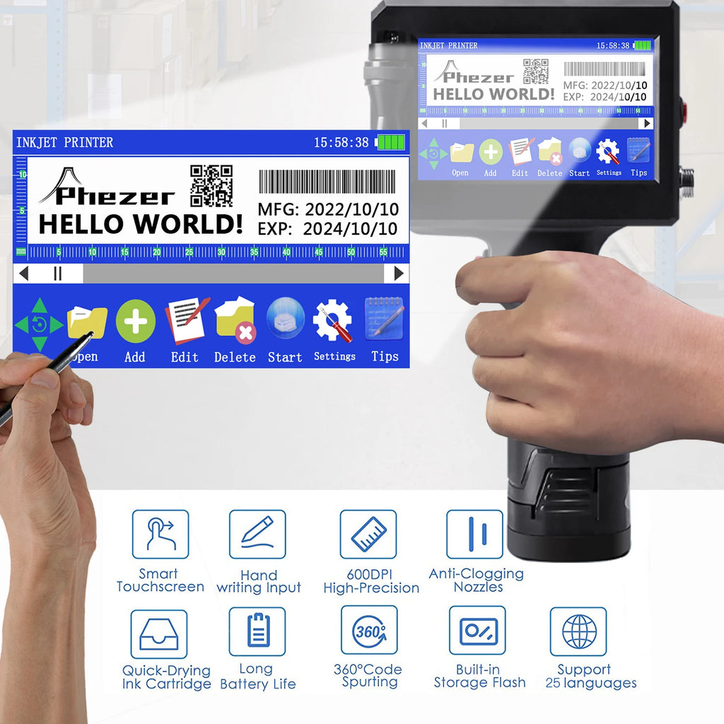 For Hp Phezer 12.7mm Label Printer Batch Code Date Number QR Bar Logo Expiry P15  Handheld Inkjet Printer 28 Languages Portable