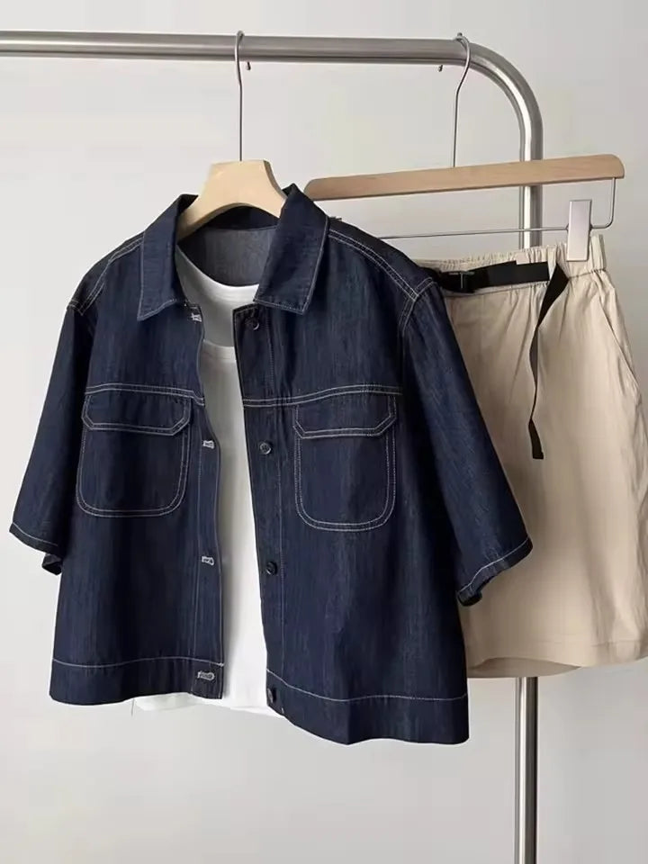 Retro Thin Casual Denim Short Sleeve Jacket Women 2025 Summer High-End Elegance Top Denim Shirt  Female