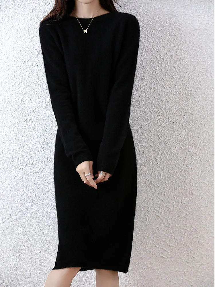 Cashmere Sweater Knitted Dresses 100% Merino Wool Women's Winter Female Elegant Pullovers Dress Autumn Casual Long Sleeve Skirts