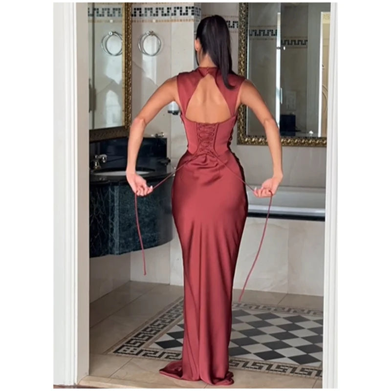 Women Fashion Solid Pleated Halter Dress Waist-cinching Sleeveless Backless Split Maxi Dresses 2026 Sexy Summer Lady Party Gowns