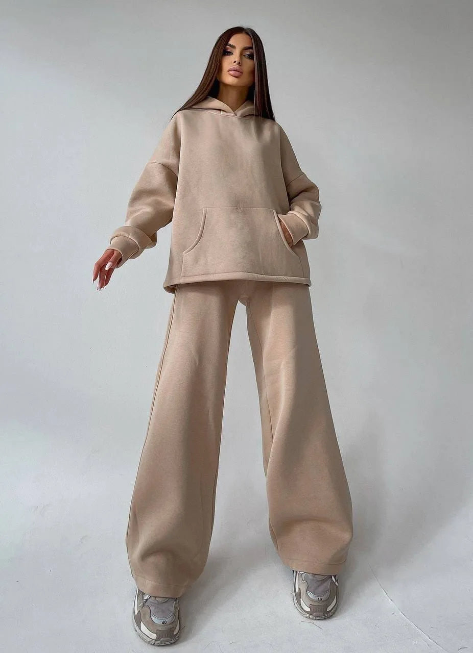 Woman's Solid Color Hooded Sweatshirt Pant Two-piece Set Fashion Long Sleeves Pocket Pullovers Pants Suits Ladies Loose Outfit