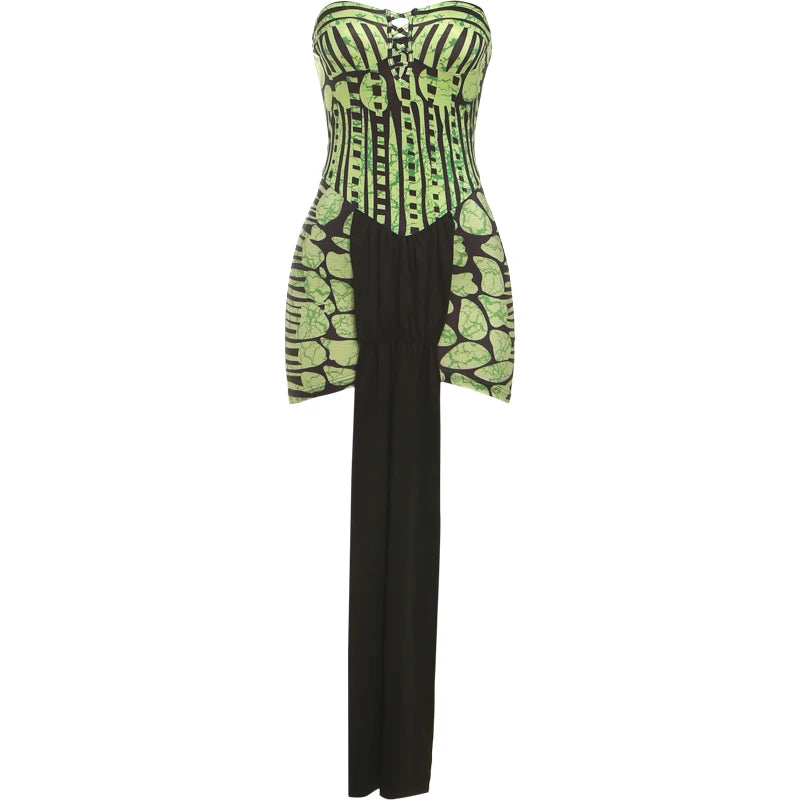 Nibber Hipster Sexy Strapless Dress Women Y2K Serpentine Patchwork Long Ribbon Hollow Summer Midnight Clubwear Irregular Bodycon