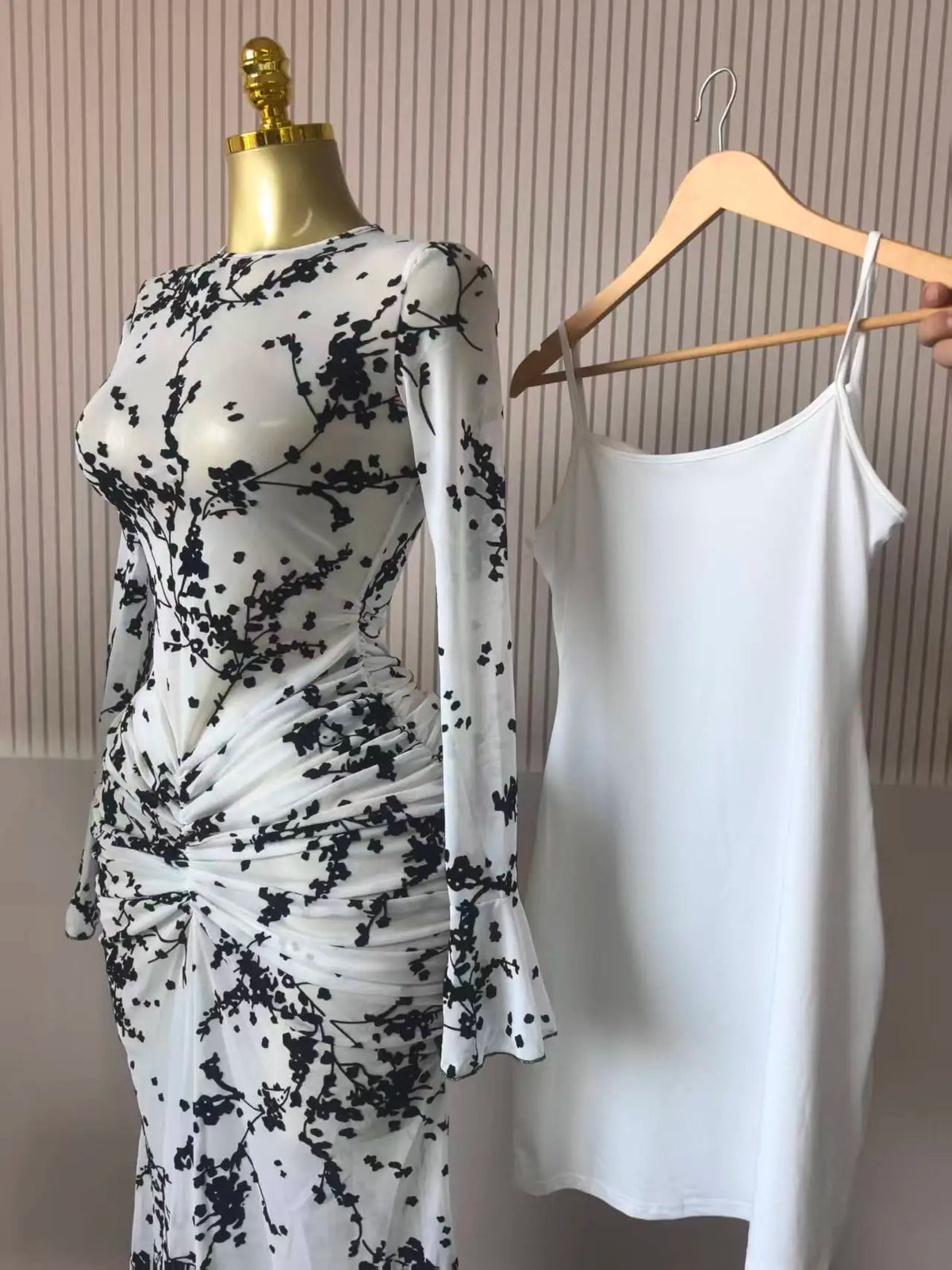 CM.YAYA Women Long Sleeve Ruched Mesh See Though with Lining Bodycon Long Dress 2025 Fall Evening Birthday Sexy Party Dresses