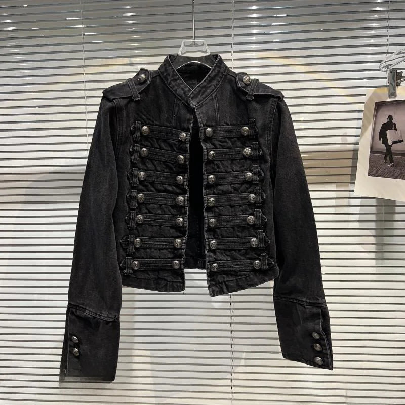 Classical Metal Bule Design oulder Strap Waed Denim ort Jaet Spring 2026 Women's Faion Straight Cut Long Sve