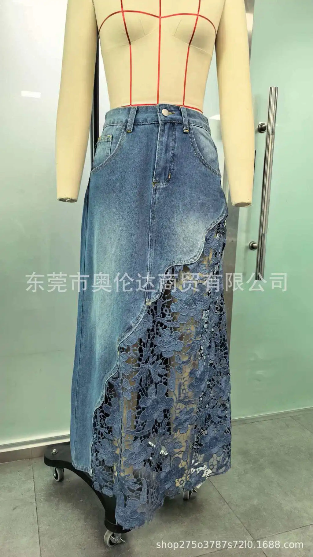 Women High Waist Denim Maxi Skirt Asymmetrical Floral Hollow Lace Patchwork Long Jean Skirt with Pockets Boho A Line Skirt