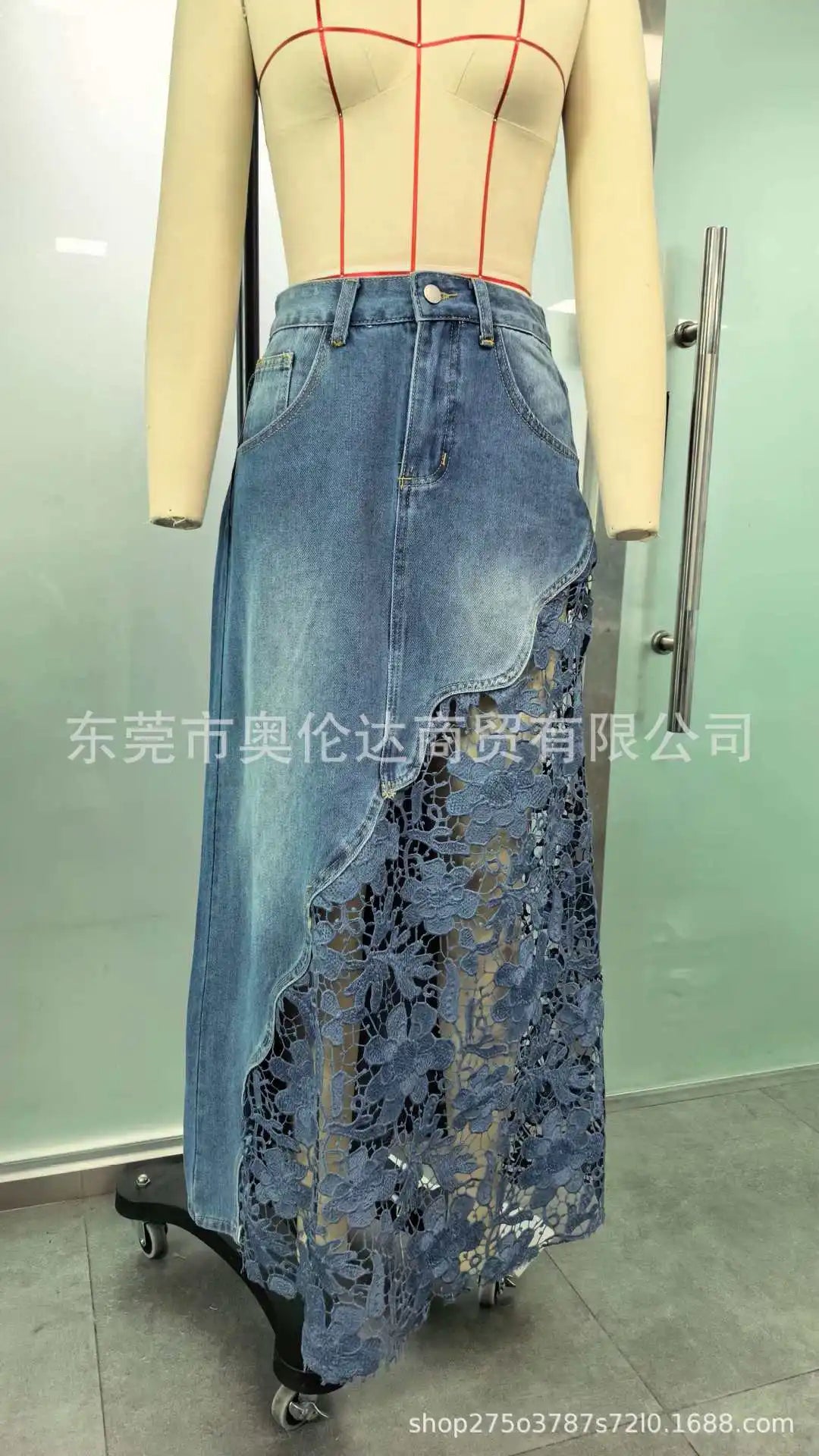 Women High Waist Denim Maxi Skirt Asymmetrical Floral Hollow Lace Patchwork Long Jean Skirt with Pockets Boho A Line Skirt