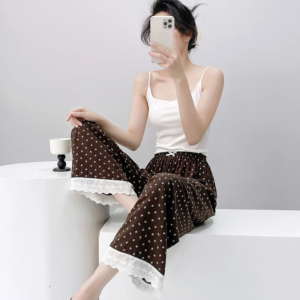 Women Pajama Printed Loose Night Bottoms Viscose Pants Female Outwear Pants Loungewear Home Pants 2026 New Summer Sleeping Wear