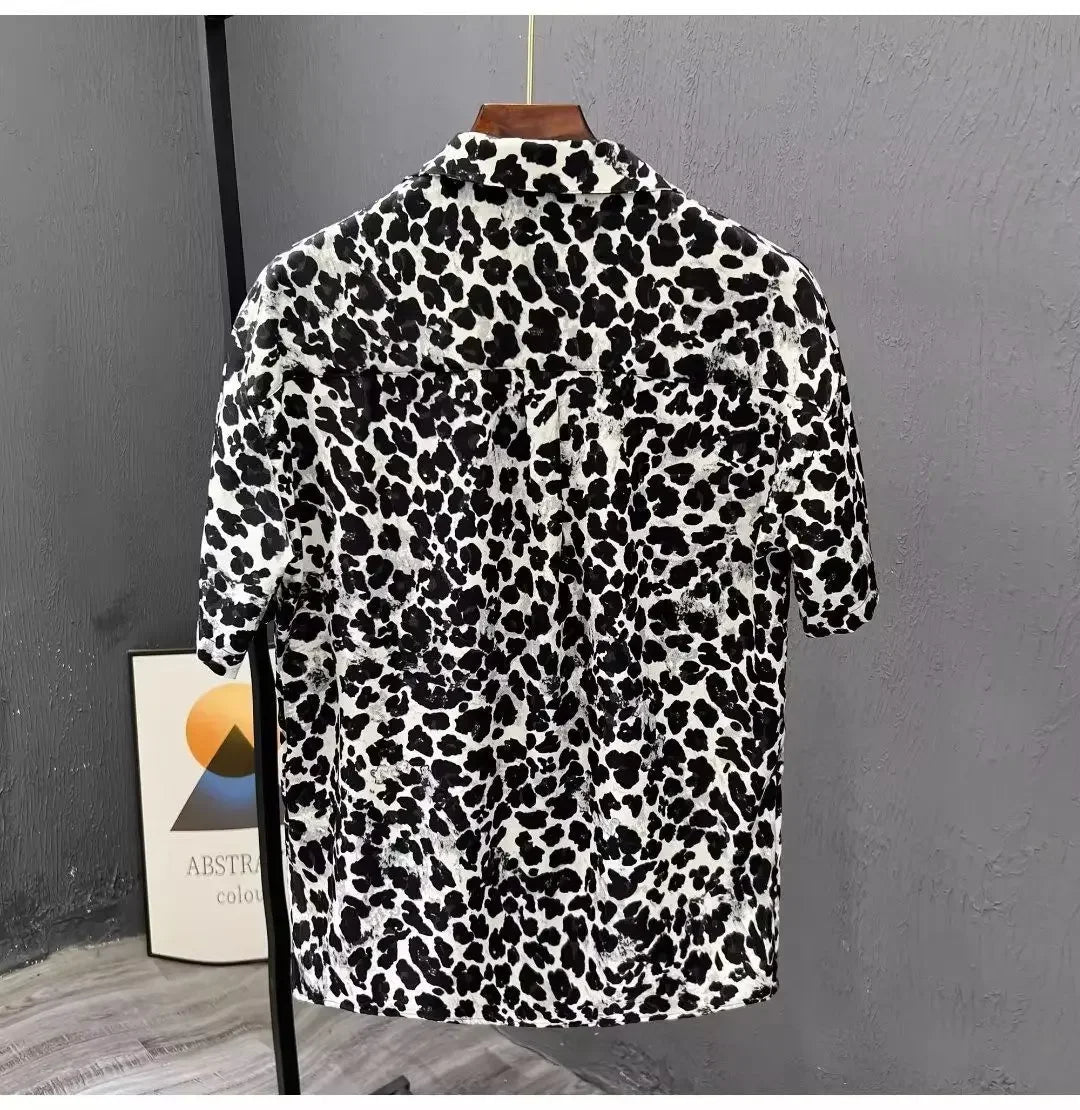 Leopard Print Short-sleeved Shirt Men's Design Niche Fashion Versatile Casual Summer Thin Style 2025 New Trendy Top