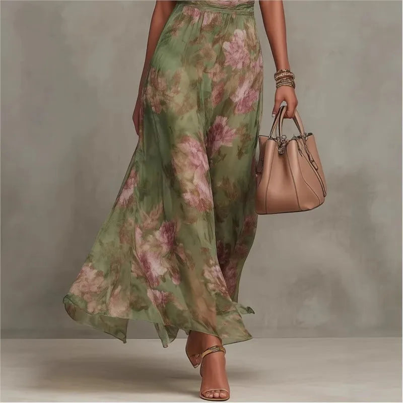 new Flower Print Women's Sleeveless Halter Maxi Dress Summer Fashion High Neck Ruched Waist Elegant Chic Holiday Party Dress