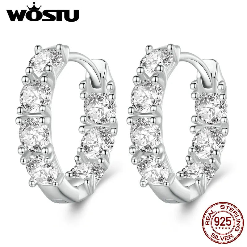 WOSTU Real 925 Sterling Silver Full of Zircon Circel Hoop Earrings For Women S925 Wedding Round Crystal Pendientes Jewelry Gift