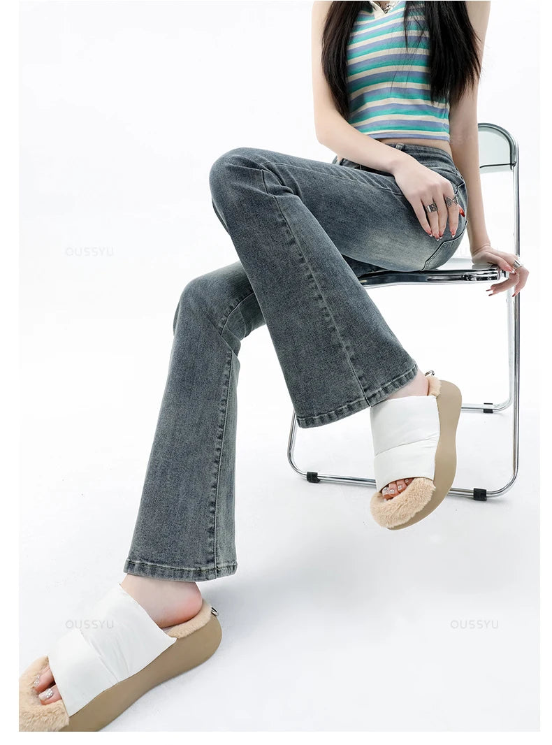 Women Jeans Cotton Denim Flared Pants Elastic Force Vintage Streetwear High Waist Slim Mom Harajuku Trousers Plus Length
