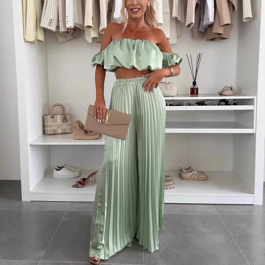 2026 Summer Women Sets Sexy Off-shoulder Sleeveless Short Tops+ Wide Leg Pants 2 Piece Sets Fashion Party Casual Trousers Outfit