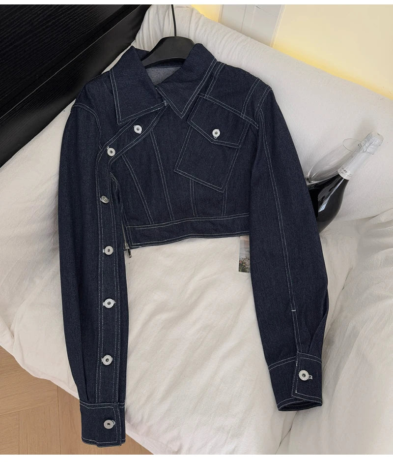 Vintage Wash Denim 2 Piece Sets Women Long Sleeve Crop Top Zipper Jacket and A-Line Mini Skirts Suits Streetwear Jeans Outfits