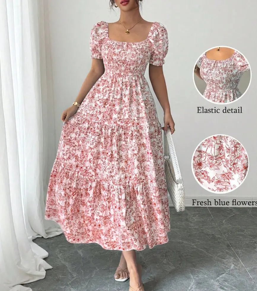 Spring and Autumn Women's Square Neck Short Sleeve Long Skirt Fresh Printed Casual Fashion Slight Backless Temperament Dress