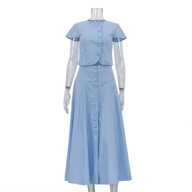 Two Pieces Women Dress Sets Solid Matching Sets Button Short Sleeves Top Empire Waist Ankle Length Skirt Loose Fit 2026 Summer