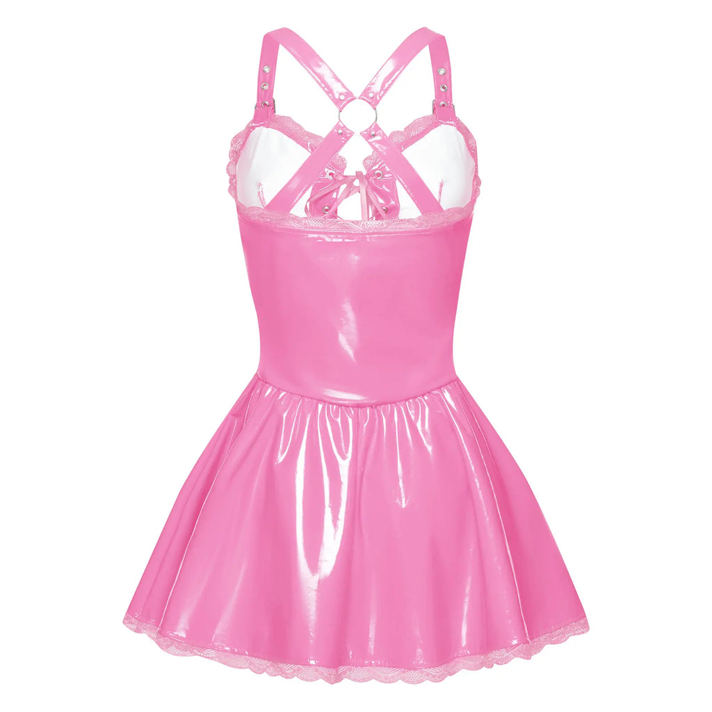 Women Glossy PU Floral Lace Trim Dress Wet Look Latex Slim Dresses Adjustable Shoulder Straps Bodycon Dress for Club Raves Party