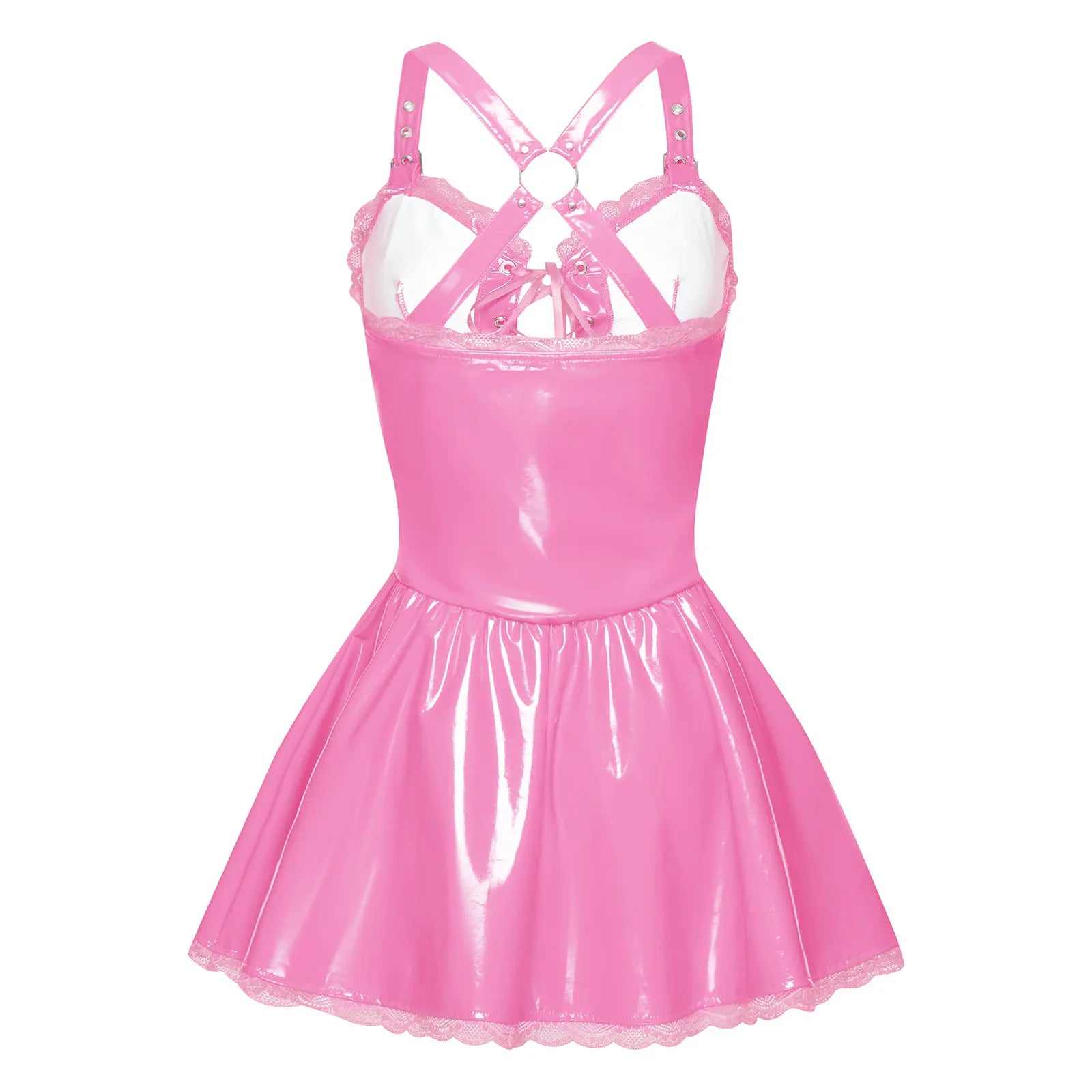 Women Glossy PU Floral Lace Trim Dress Wet Look Latex Slim Dresses Adjustable Shoulder Straps Bodycon Dress for Club Raves Party