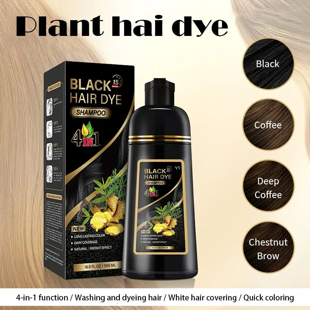 Black Brown Hair Dye Shampoo 500ml,4-in-1 Color Shampoo for Gray Coverage, Long-Lasting Natural Hair Coloring for Women Men