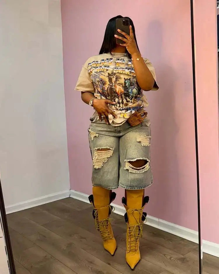 Europe America Summer New High-waisted Loose, Vintage, Ripped Denim Mid-length Straight-leg Wide-leg Pants. Casual Denim Shorts