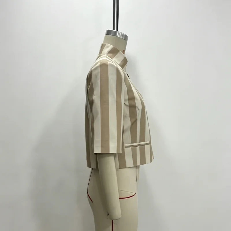 Women Chic Stripe Cropped Blazer Jacket Stand Collar 3/4 Sleeve Single Breasted Shoulder Pad Top 2026 Summer Fashion Street Coat