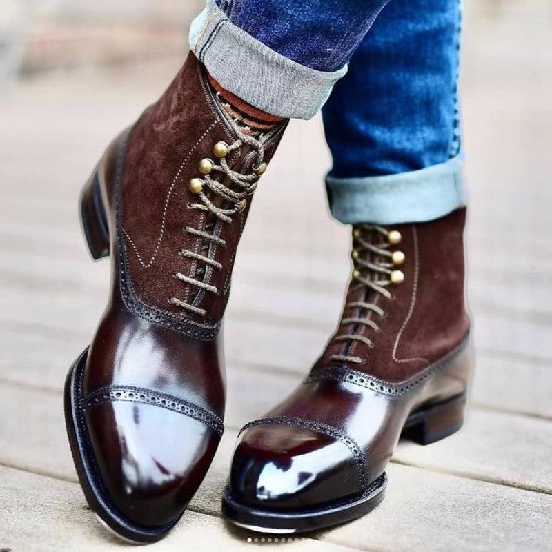 Men Short Boots Brown Bullock Flock Lace-up Square Toe Handmade Business Ankle Shoes for Men with  Zapatos Hombre