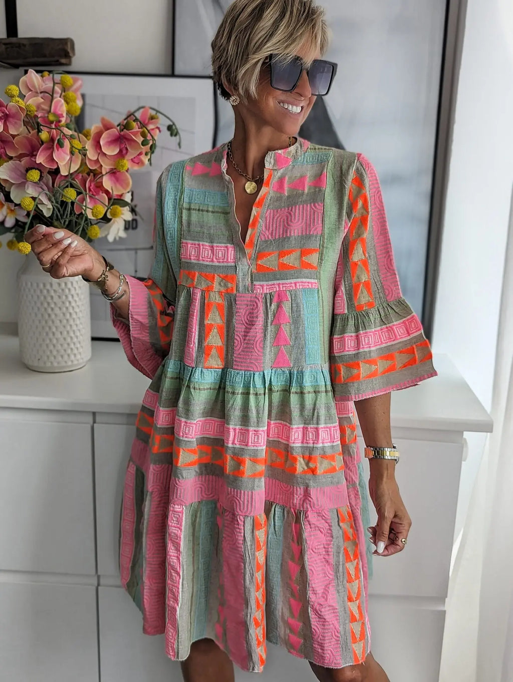 2026 Women Dresses V Neck Three Quarter Sleeve Pullover Dress Print Floral Vestidos Knee Length Loose Fit Casual Summer