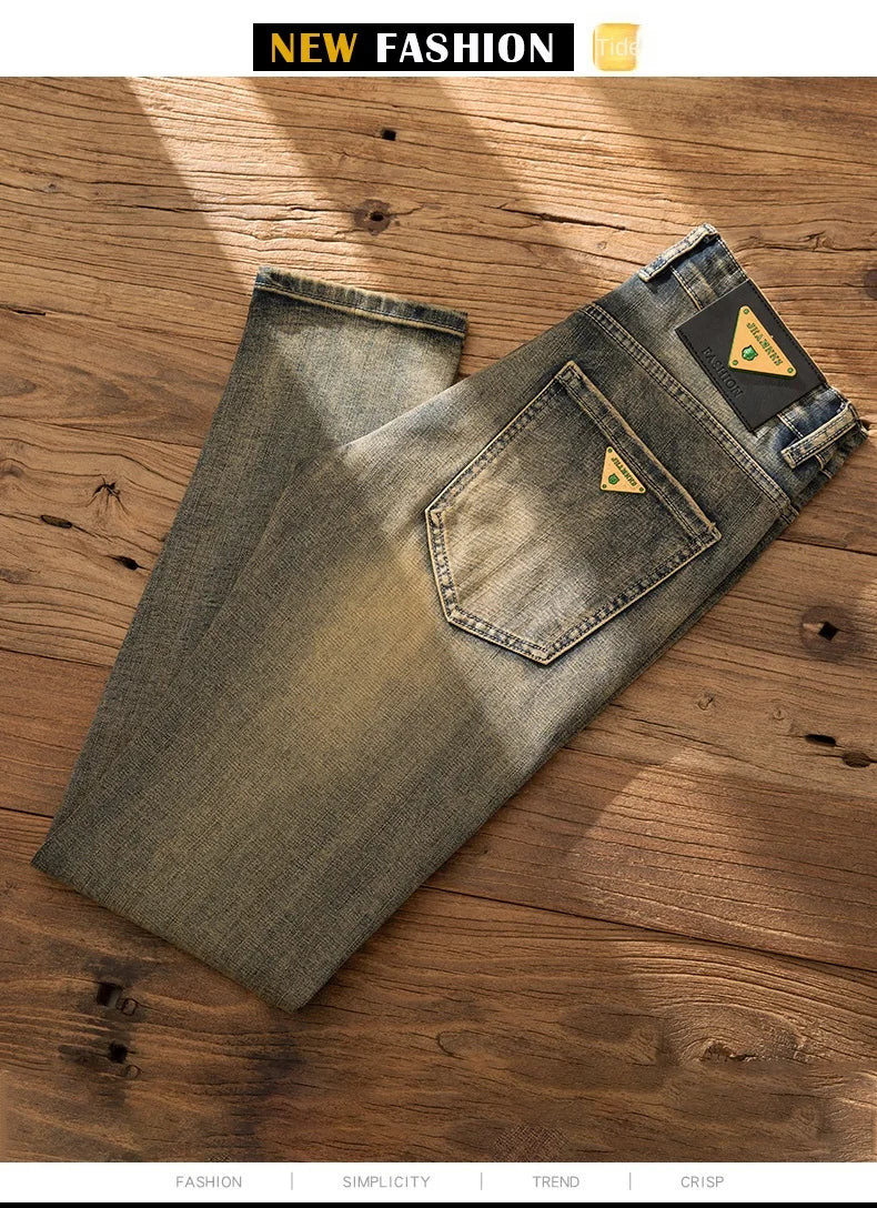 2026 European Trendy Brand Yellow Mud Jeans Men's Retro Old Slim Fit Fashion Long Pants Autumn and Winter Thick Pants
